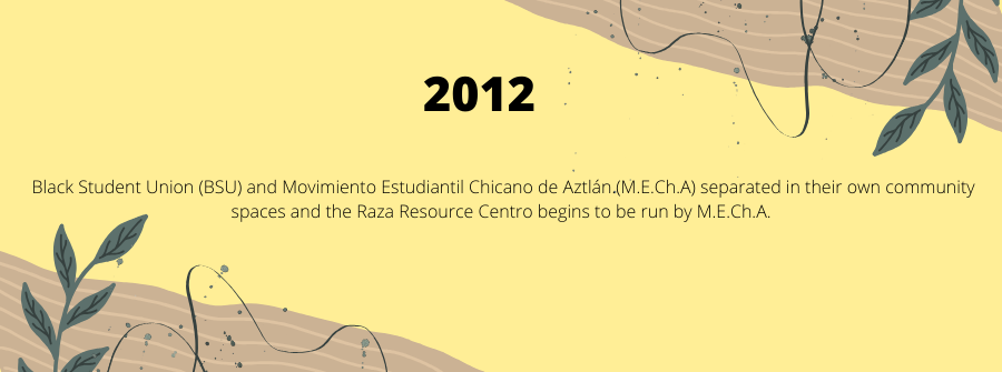 4 of 10, This image was taken from canva to as the history image. M.E.Ch.A and B.S.U. separate the community spaces and the Raza Resource Centro begins to be run by M.E.Ch.A.