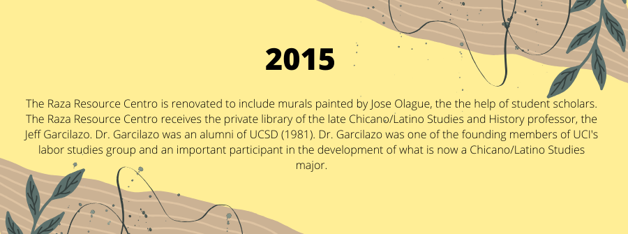 7 of 10, This image was taken from canva to as the history image. The Raza Resource Centro is renovated to include murals painted by Jose Olague, the the help of student scholars      The Raza Resource Centro receives the private library of the late Chicano/Latino Studies and History professor, the Jeff Garcilazo. Dr. Garcilazo was an alumni of UCSD (1981). Dr. Garcilazo was one of the founding members of UCI's labor studies group and an important participant in the development of what is now a Chicano/Latino Studies major.