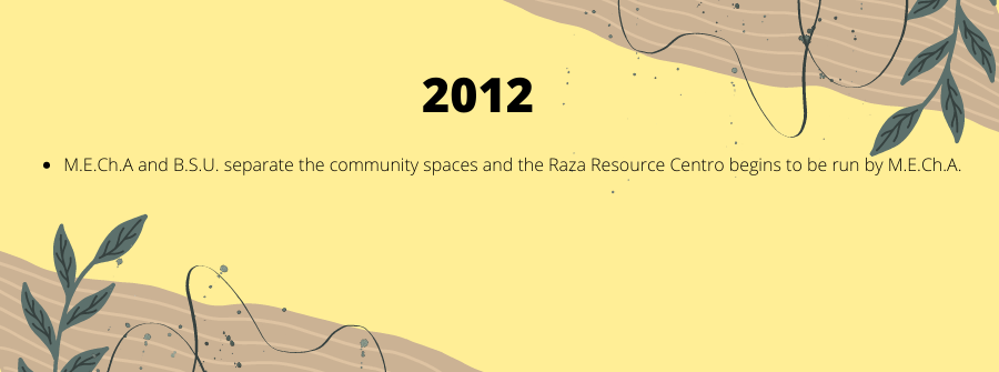 4 of 9, This image was taken from canva to as the history image. M.E.Ch.A and B.S.U. separate the community spaces and the Raza Resource Centro begins to be run by M.E.Ch.A.
