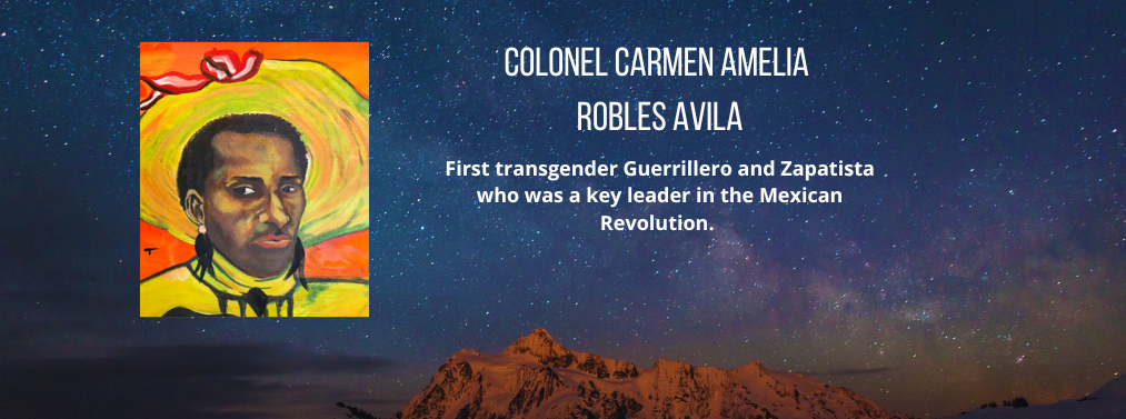 10 of 22, a description of Colonel Carmen Amelia Robles Avila, the First transgender Guerrillero and Zapatista who was a key leader in the Mexican Revolution. 