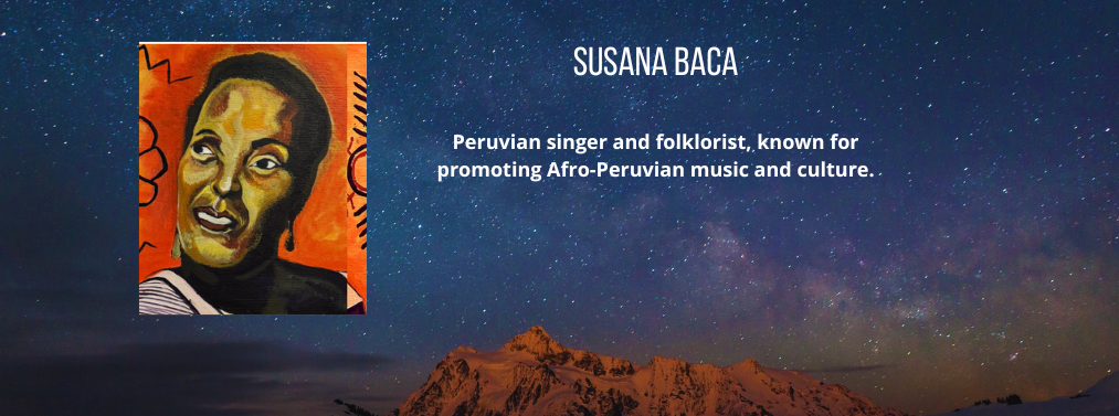 13 of 22, A depiction of Susana Baca, a Peruvian singer and folklorist, known for promoting Afro-Peruvian music and culture.