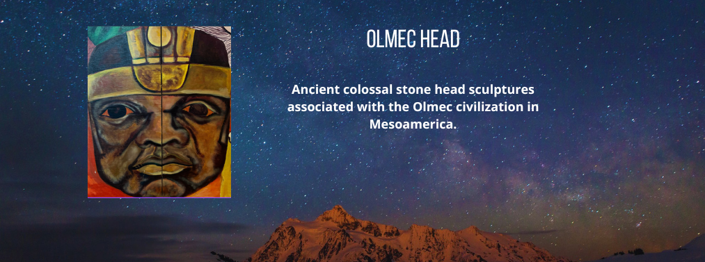 19 of 22, A depiction of Olmec Head, a Ancient colossal stone head sculptures associated with the Olmec civilization in Mesoamerica.